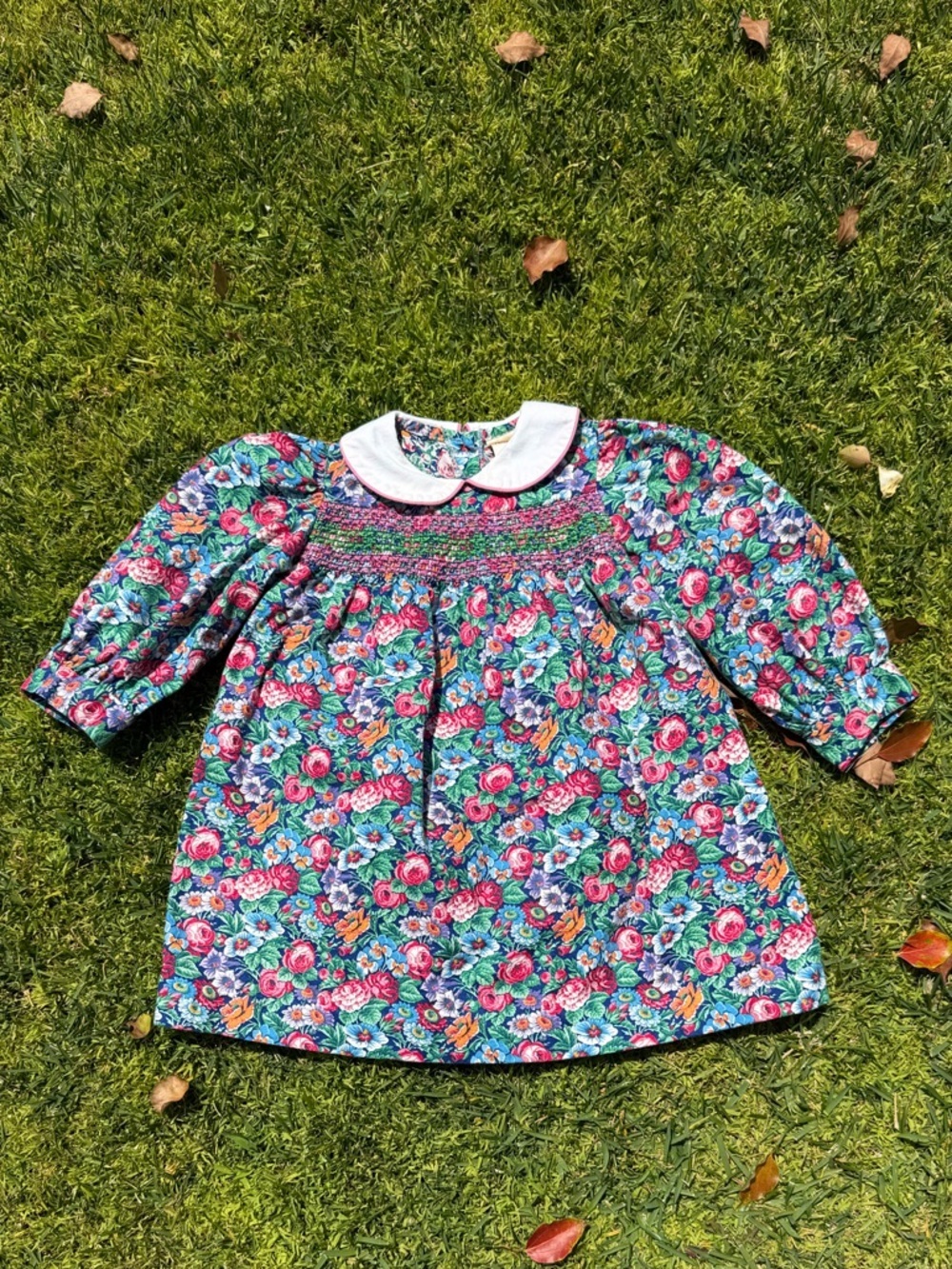 VTG Mousefeathers Cottage Floral Smocked Dress Peter Pan Collar 100% Cotton Sz 3